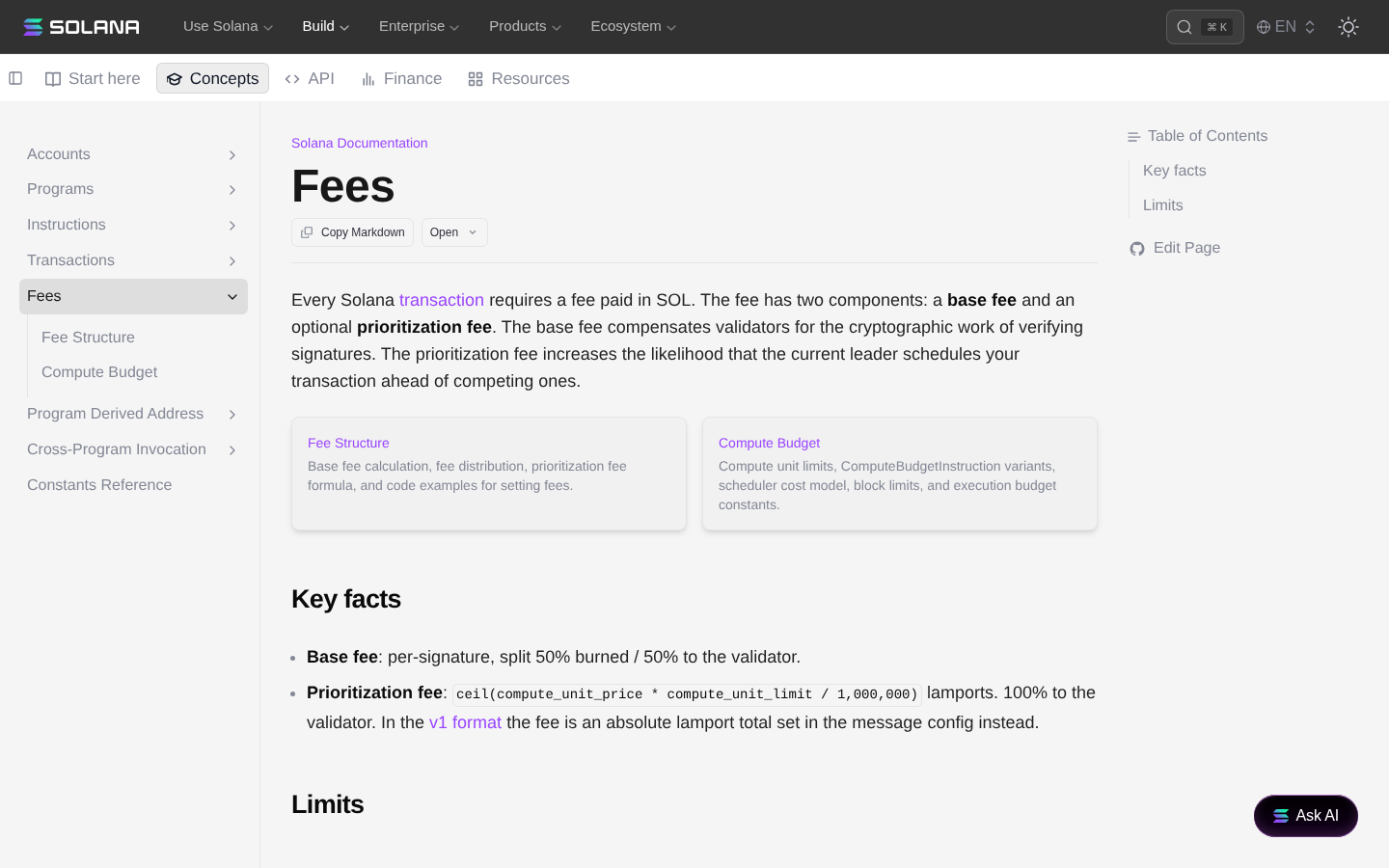 Desktop screenshot of Solana documentation headed Fees, describing SOL transaction fees, base fees and optional prioritization fees.