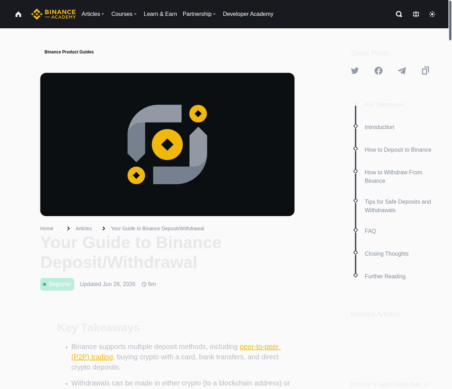 Official Binance Academy deposit and withdrawal guide showing the crypto deposit workflow