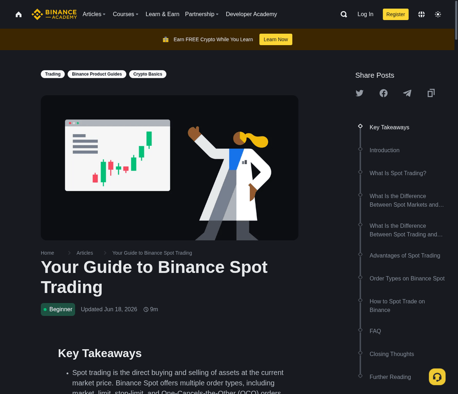 Official Binance Academy Spot trading guide showing the Binance Spot trading workflow