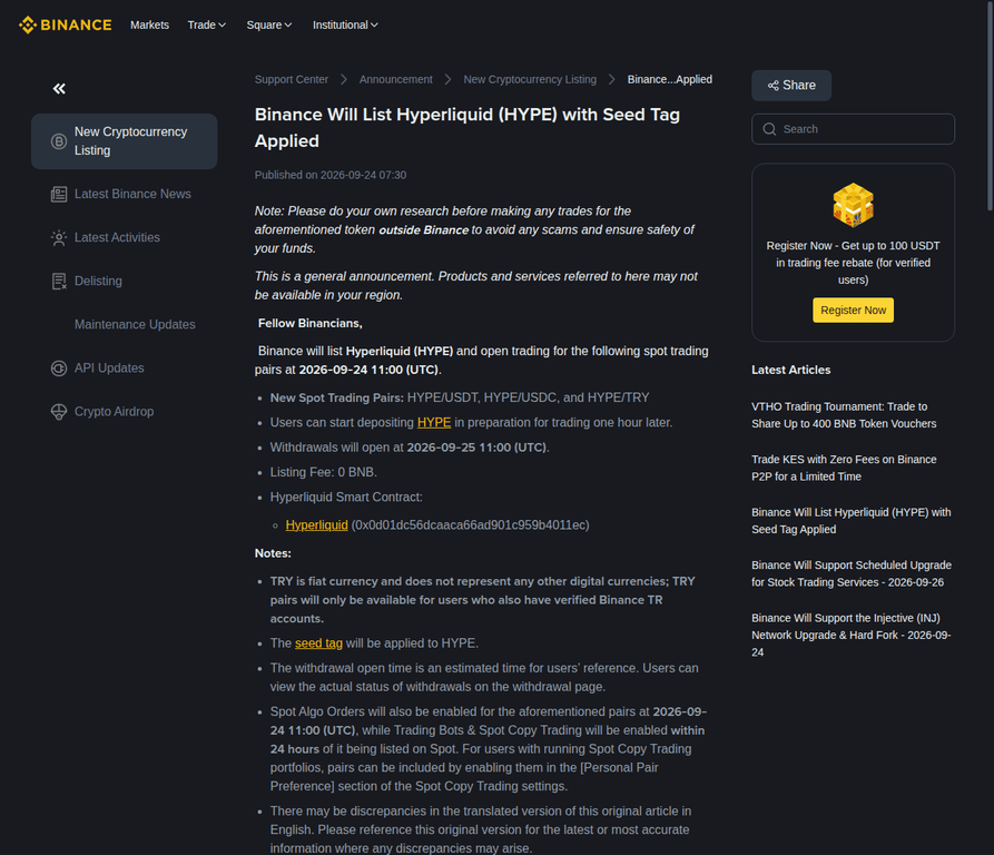 Official Binance Support listing notice for Hyperliquid HYPE with the scheduled Spot pairs and Seed Tag