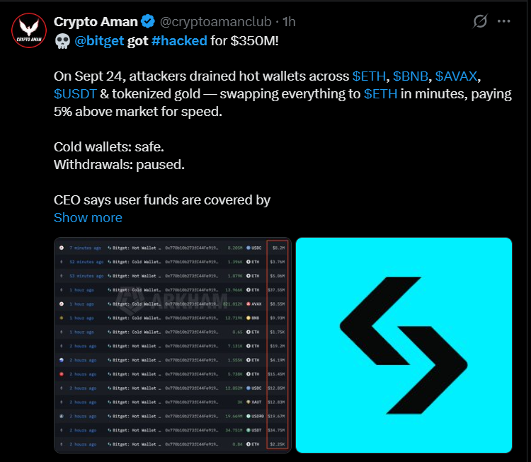 Official X post about Bitget got hacked