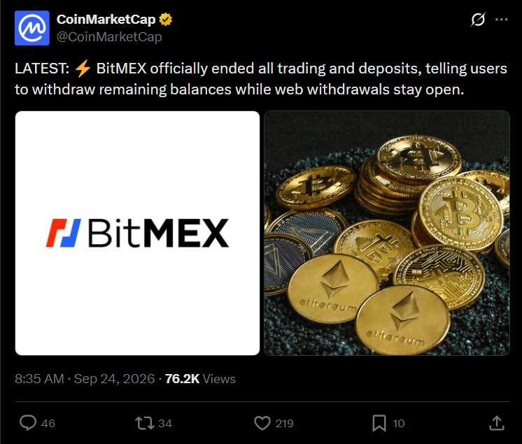 CoinMarketCap official X post about BitMex shutdown