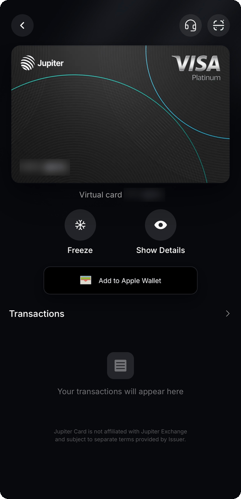 Official Jupiter Card management screen showing the virtual card and controls