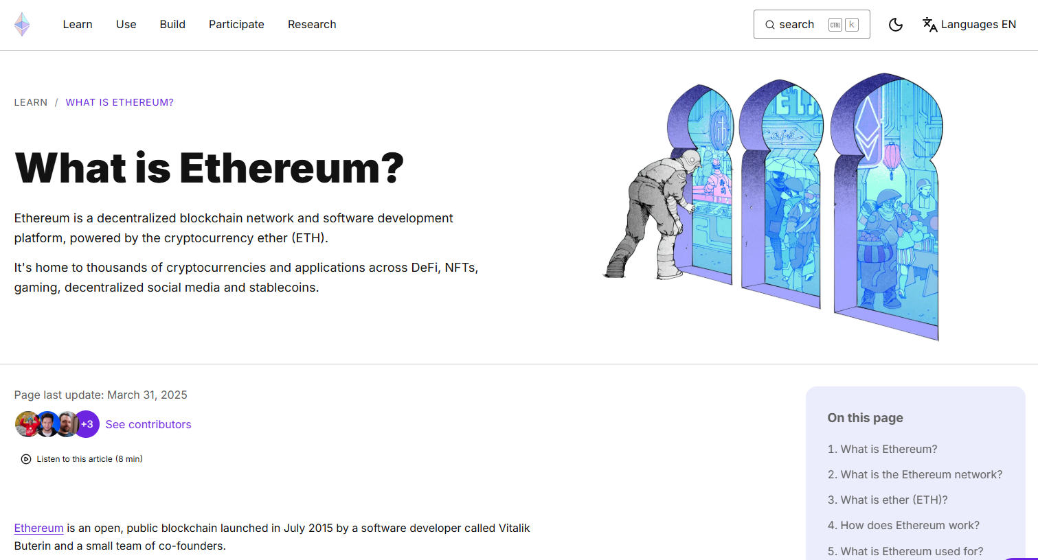 Desktop screenshot from ethereum.org headed What is ether (ETH), describing ETH as the native cryptocurrency used for gas and staking.