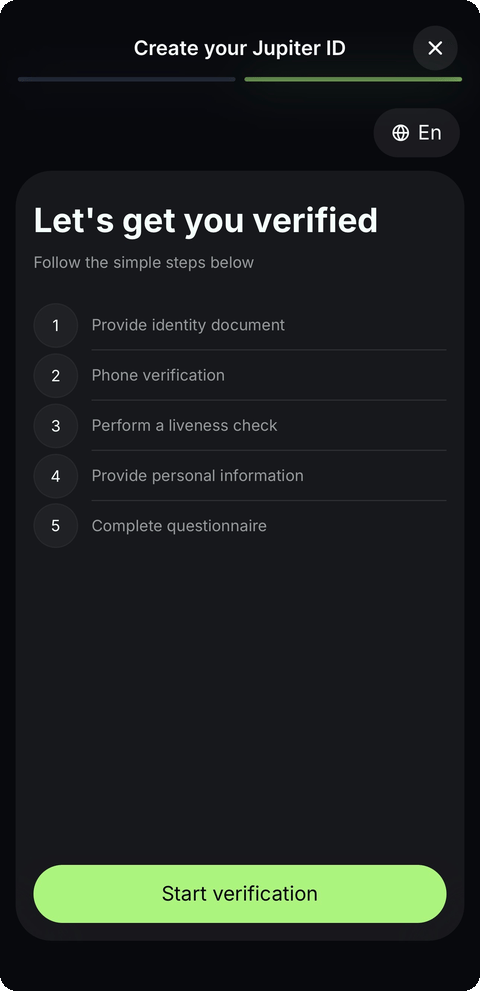 Official Jupiter identity verification screen for setting up Jupiter ID