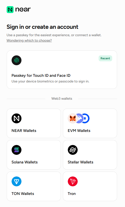Official Near interface asking for Passkey or Wallet Credentials