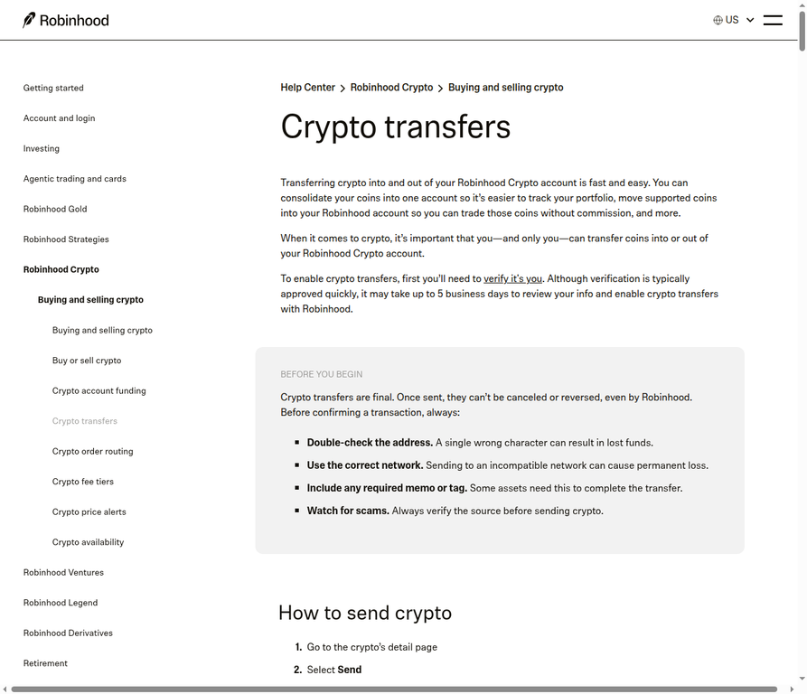 Official Robinhood Crypto transfers help page showing the send workflow and transfer warnings