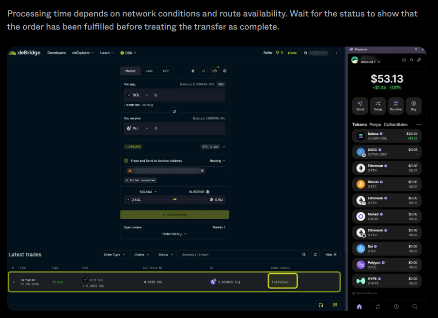 Interface of tracking your order in deBridge