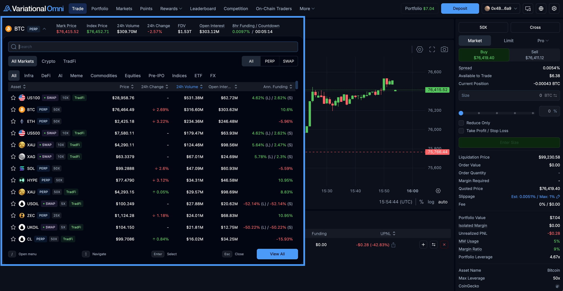 Omni variational trading screen